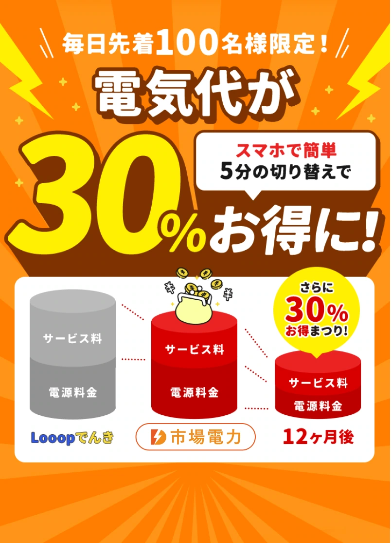 毎月の使用電気代の30%OFFキャンペーン