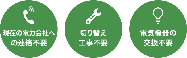 現在の電力会社への連絡不要,切り替え工事不要,電気機器の交換不要